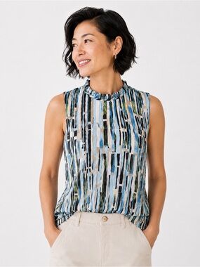 Calvin Klein Abstract Stripe Ruffle Neck Sleeveless Blouse Top Blue Green M NWT